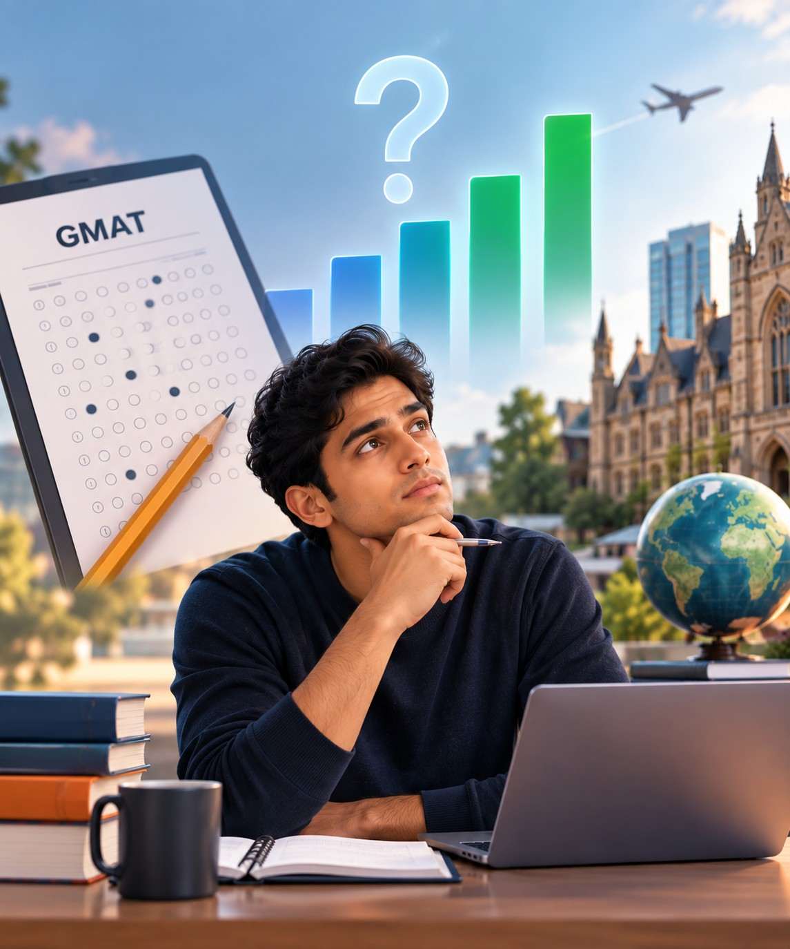 Student evaluating what counts as a low GMAT score with exam materials, score progression, university campus and international study symbols.